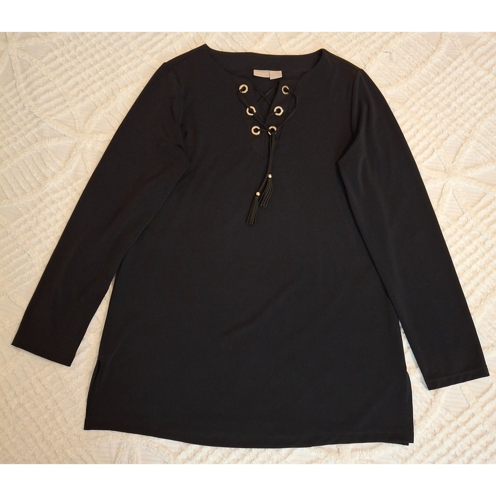 Chico's 1 Medium Travelers Top Black Lace Up V-Neck Long Sleeve Tunic Stretch‎